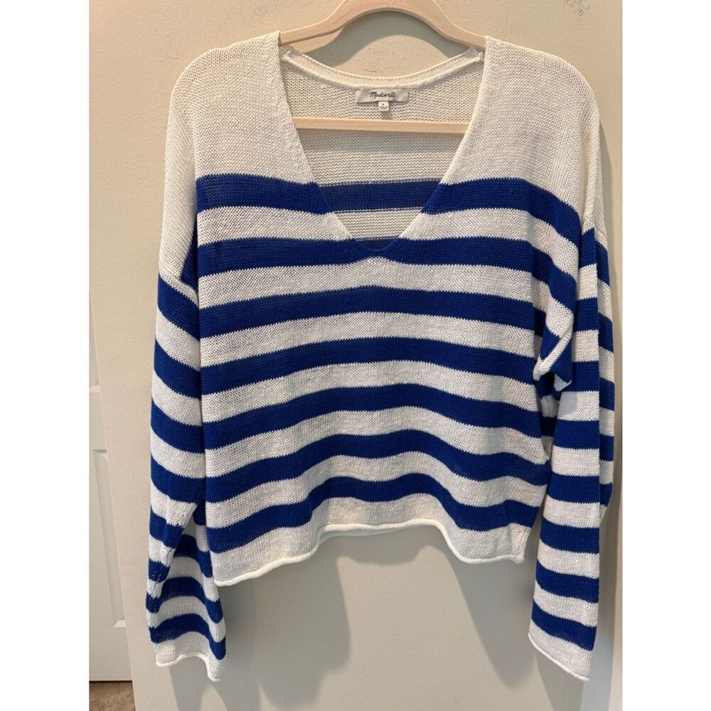 Madewell Blue and White Striped V-Neck Linen Sweater rolled hemlines size Small - Picture 4 of 13